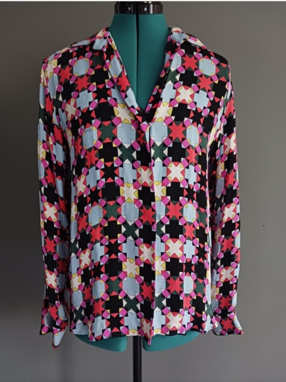 Emilio Pucci Archivio Silk Geometric Print Long-Sleeve V-Neck Blouse Size 6